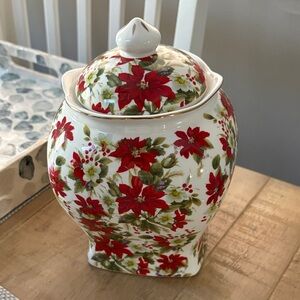 Festive Floral Holiday Tea or Cookie Jar by Grace Teaware NWT Poinsettia
